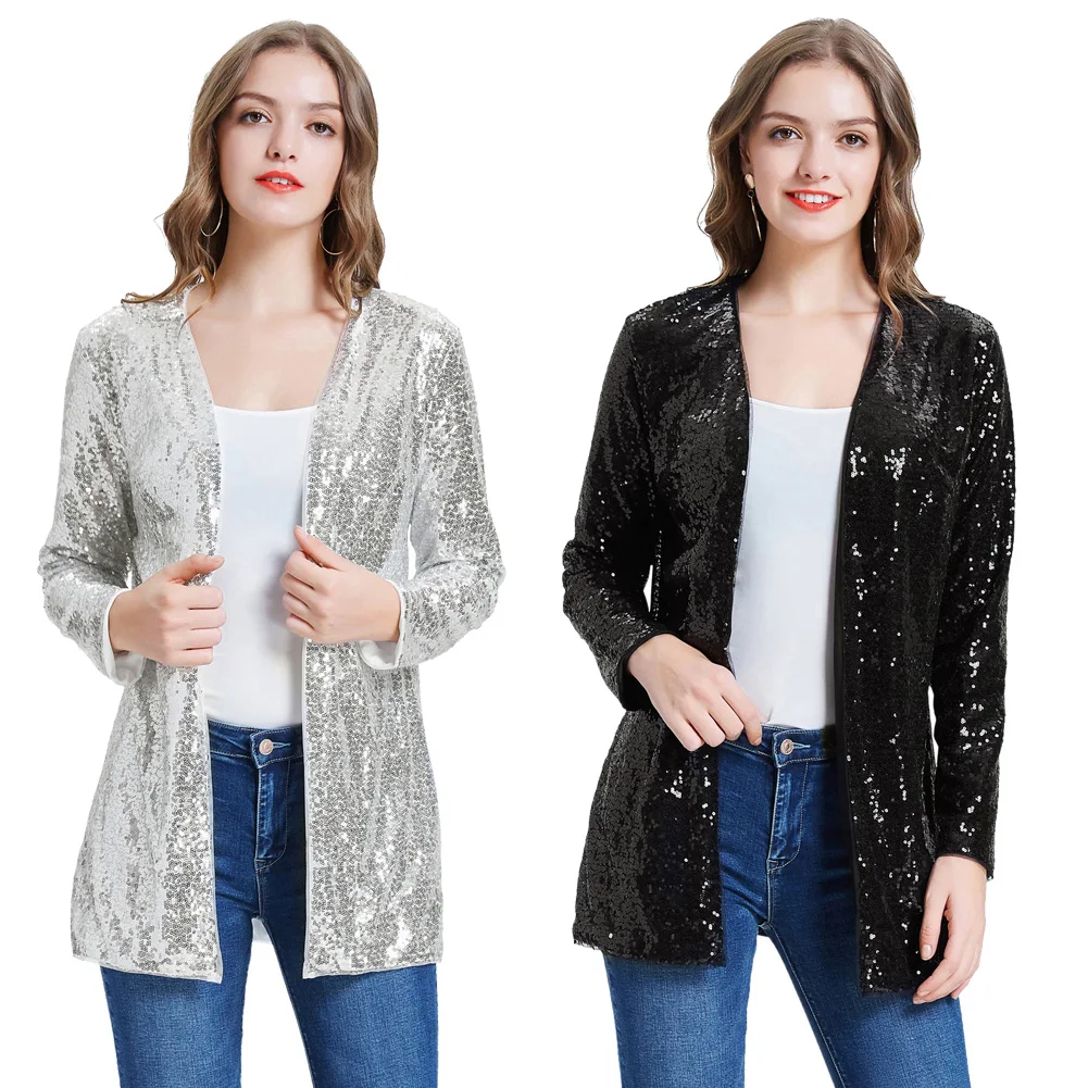 GK Women's Sequined Jacket Sparkle Long Sleeve Open Front Coat Office Lady Fashion Casual Party Jacket Outerwear Female Clothing