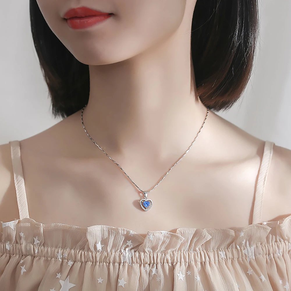 Sterling Silver 999 Heart Shaped Cubic Zirconia Pendant Necklace for Girlfriend Birthday Gift Free Shipping