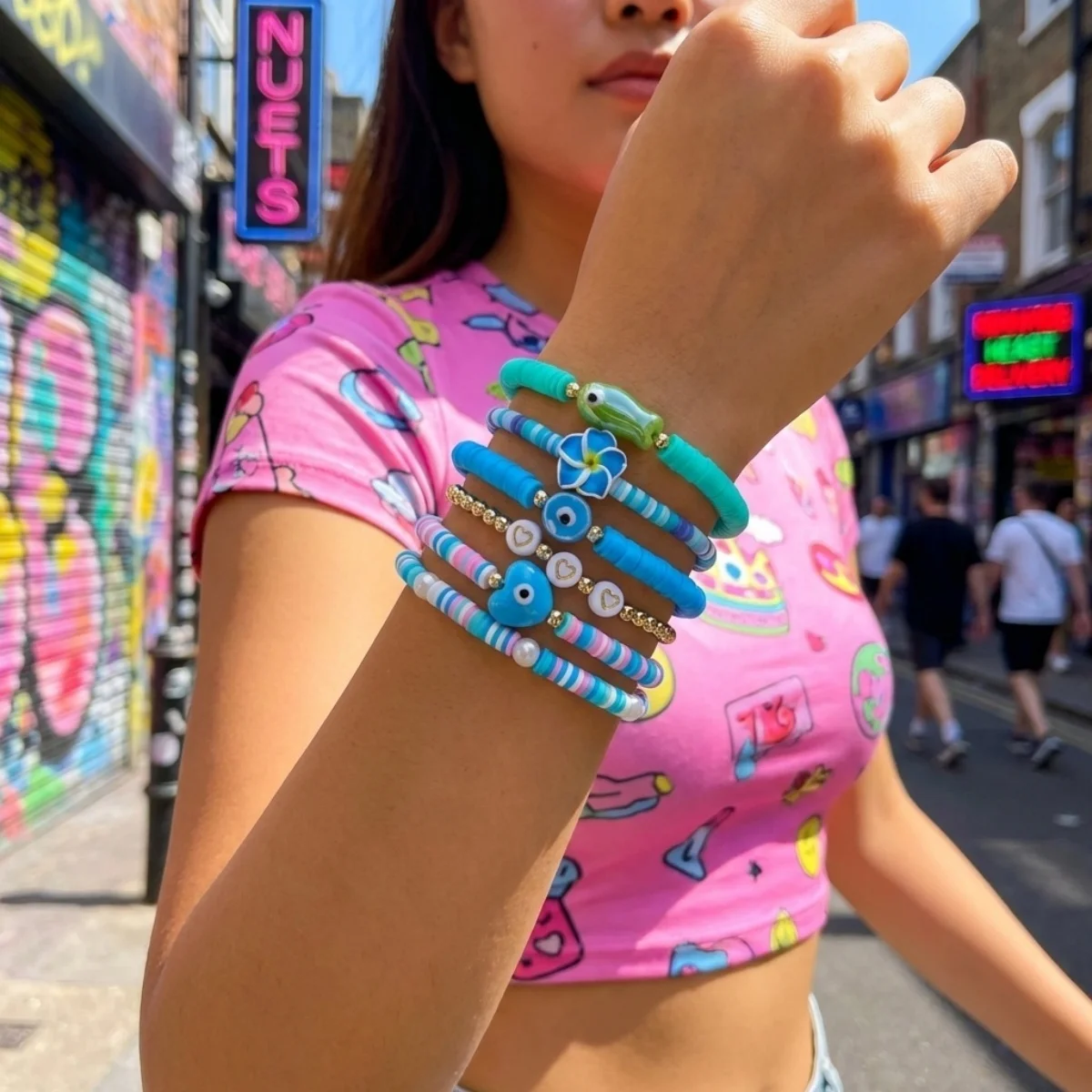 Weiche Polymer-Ton-Blumen-Keramik-Fisch-Herz-Böser-Blick-Armbänder für Damen und Herren – Sommerliche florale gestapelte Armreifen für Strandurlaub und Schmuck – Detail 9