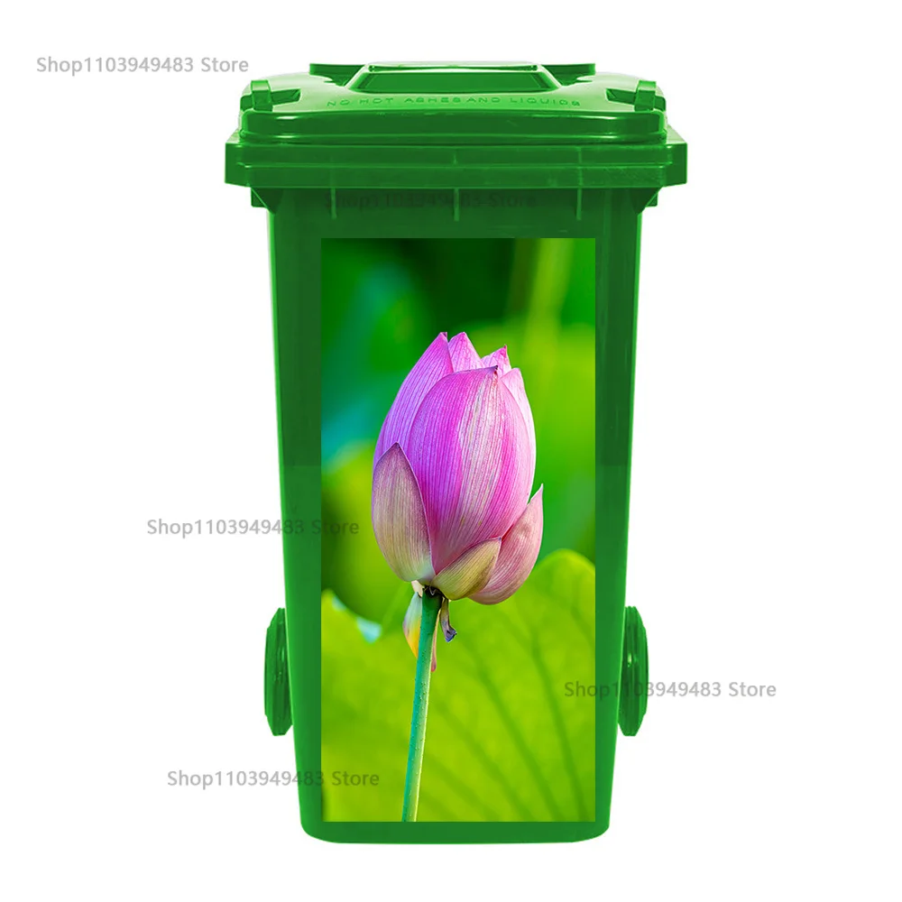 Flowering Plant Trash Can Mural Self-adhesive Waterproof Stickers for Recycling Wheelie Bin