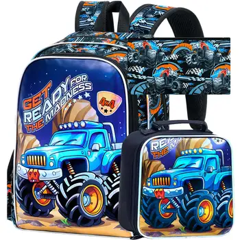 3Pcs Monster Truck Backpack, 16" Boys Bookbag with Lunch Box, Kids School Backpacks Set for Elementary Preschool Kindergarten (B 1