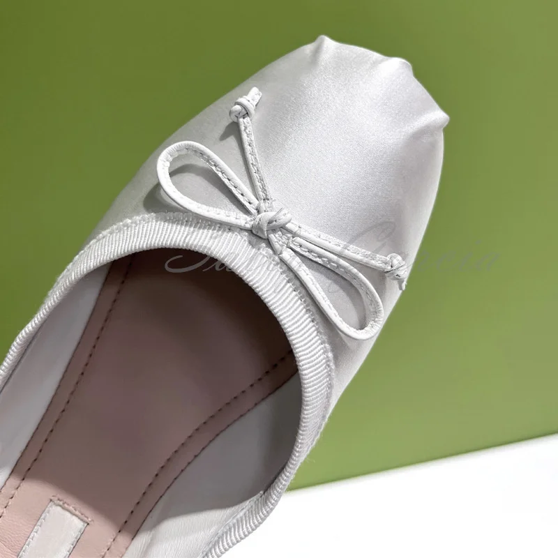 Bow Tie Flat Bottom Ballet Single Shoes Women's Pink Silk Round Toe Shallow Slip On Comfortable Solid Color Female Dress Shoes