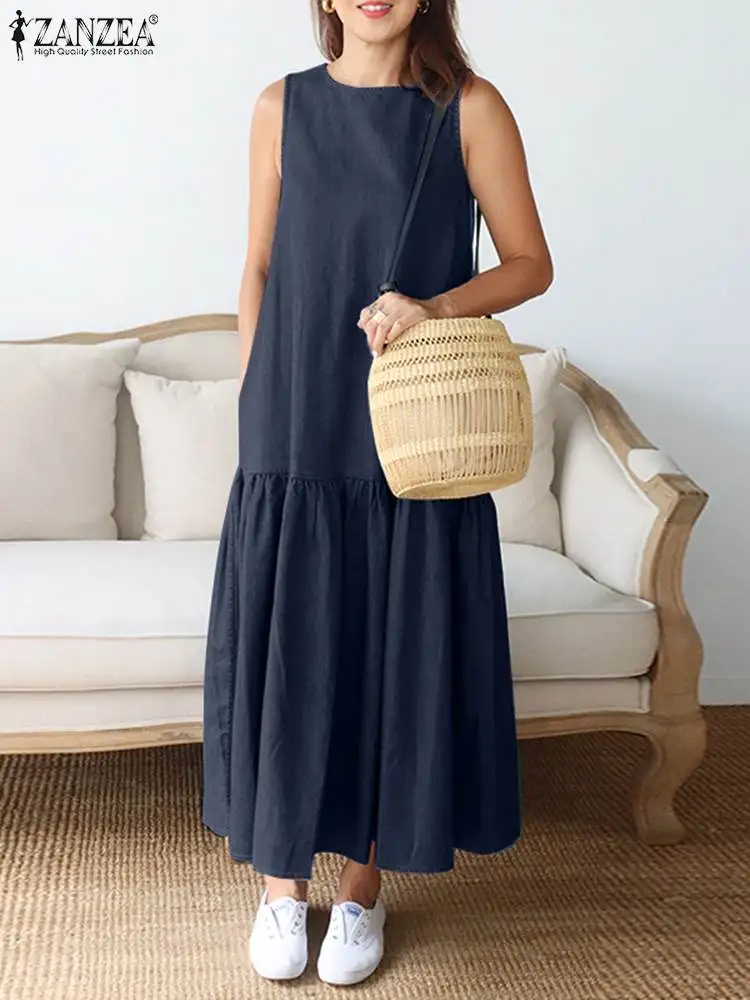 

ZANZEA Denim Women Dress Summer Casual Sleeveless Ruffled Hem Midi Dress Loose Tank Dress Holiday Round Neck A-line Vestidos