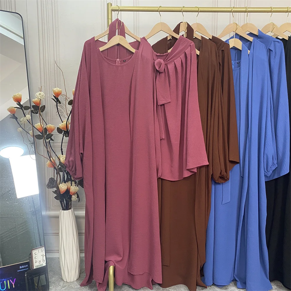 Ramadan 3 Piece Matching Muslim Set Abaya Kimono Hijab Dress with Wrap Skirt Open Abayas for Women Dubai Turkey Islamic Clothing