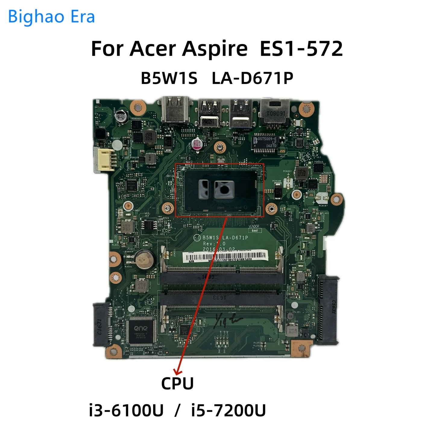 

B5W1S LA-D671P For Acer Aspire ES1-572 Laptop Motherboard With 3865U i3-6100U i5-7200U CPU DDR3L UMA NB.GD011.001 NB.GD011.009