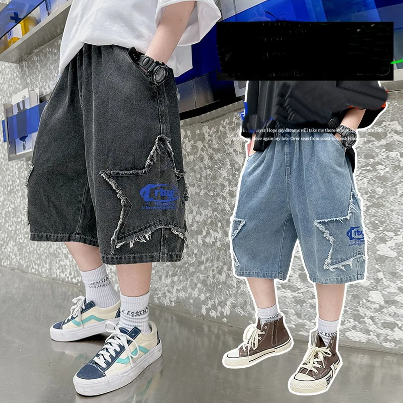 Fashion Denim Shorts For Boys Teenager Kids Elastic Waist Cargo Jean Short Pants With Pocket For Children's Age 5-14 Years Old