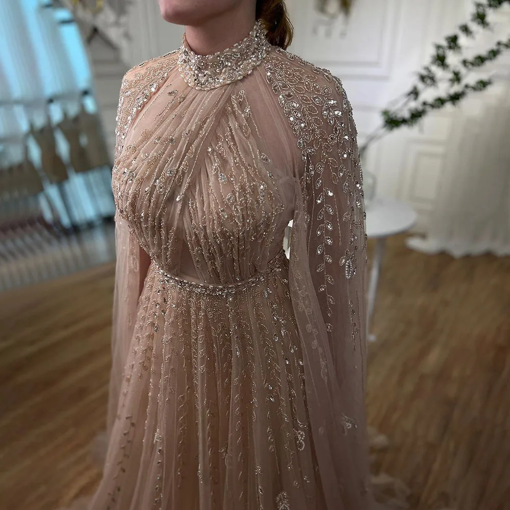 Serene Hill Dubai Arabic Luxury Nude A Line Beaded Evening Dresses With Cape Sleeves Gowns For Women  Wedding Party 2023 LA71803