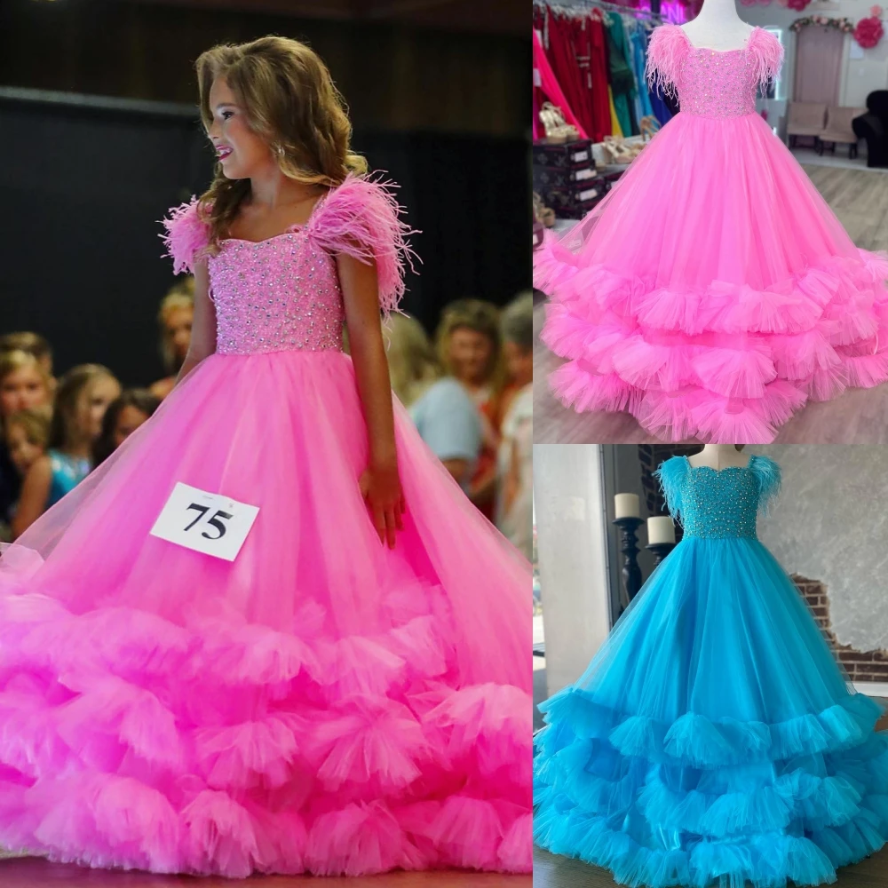 

Preteens Girl Pageant Dress 2024 Feather Beading Strap Ruffle Tulle Little Kid Birthday Formal Party Gown Toddler Teens Miss