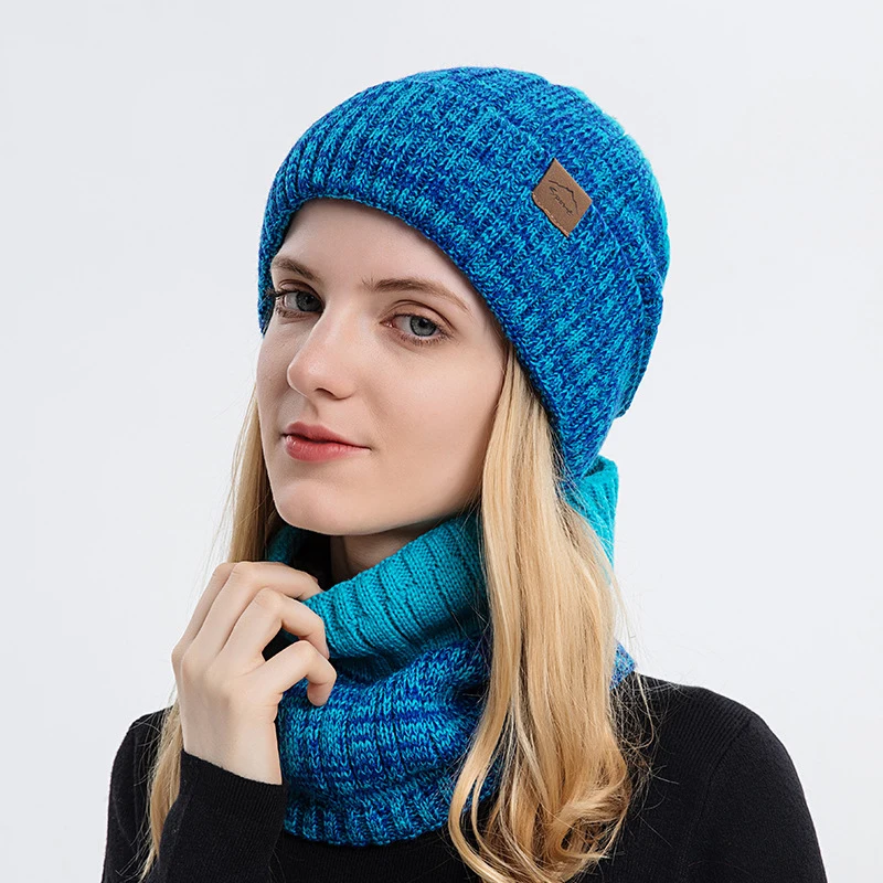 Men's Winter Keep Warm Beanie Scarf Set Women Fleece Lining Woolen Yarn Hat Knit Neck Gaiter Color Gradient Unisex Design New in