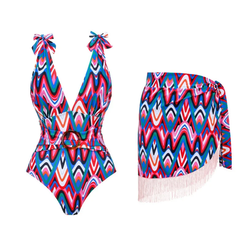 2024New Hot Spring Sexy One Piece Swimsuit Women's Conservative Printed Swimsuit Wrap Skirt Suit