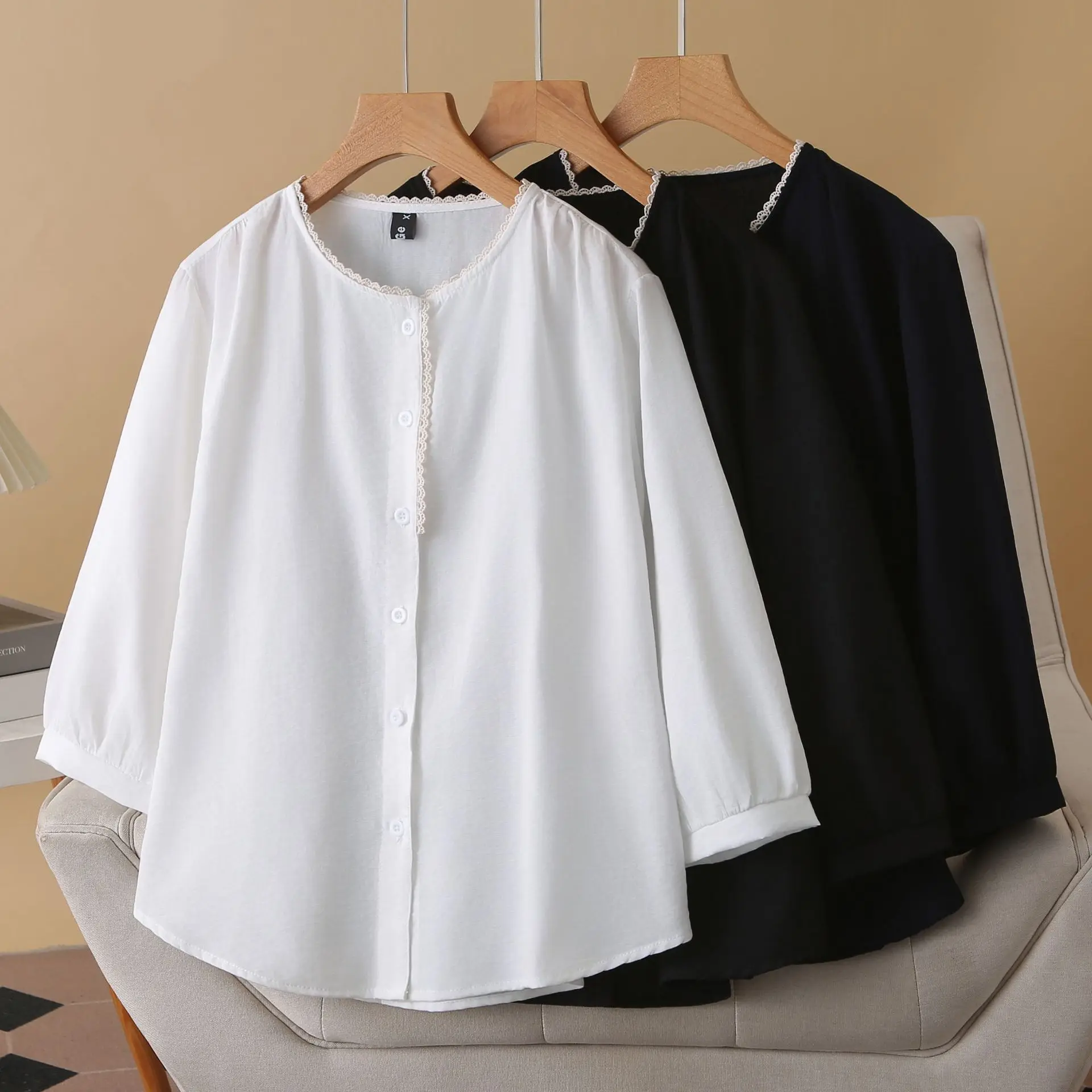 Plus Size Women's Bouses 2025 Autumn New Style Casual Lace O-Neck Three Quarter Sleeve Shirt 954