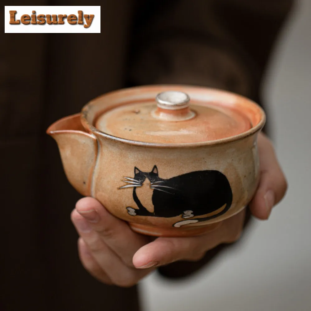 150ml Japanese Zhino Cat Hand Grasping Teapot Handmade Silver Treasure Bottle Pot Kiln Change Wood-fired Porcelain Kettle Teaset