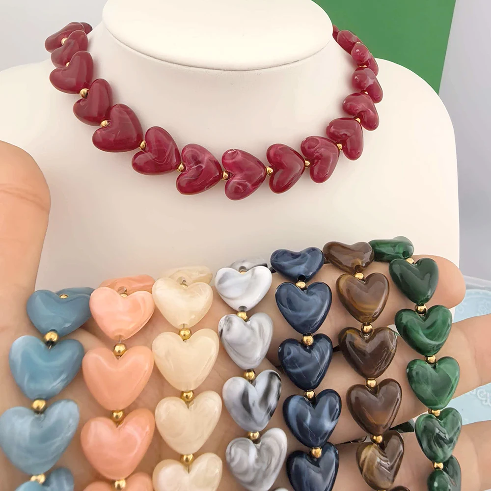 Liebevolle Harz-Herz-Halskette für Damen, Goldfarben mit Perlen, Edelstahl, Weiß, Rot, Grün, Kaffee, Beige, Wasserfest, DIY Handgefertigt