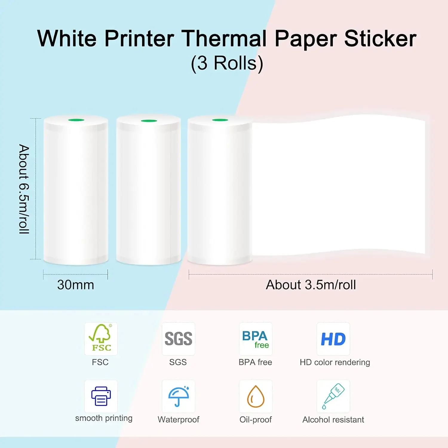 3Rolls Peripage Mini Printer Paper Sticker, Self-Adhesive Thermal Paper for PeriPage A6 Printer, Waterproof, Oilproof, BPA Free