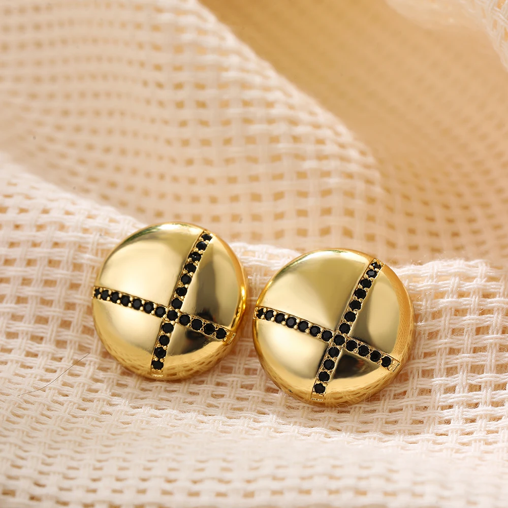Fashion Thick Circle Round Stud Earrings Gold Plated Inlaid Cubic Zirconia Geometric Women Ear Studs Unique Jewellery Wholesale