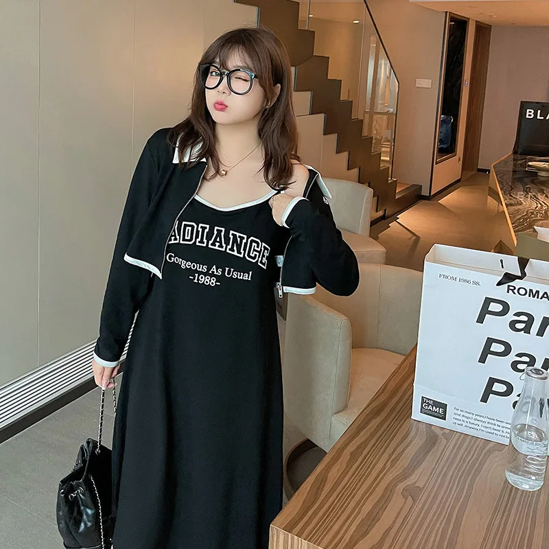 Spring/summer Women Camisole Dress Two-piece Set Coat Tops Loose Letter Print Fashion Elasticity Contrast Lapel Zip Clothes Suit