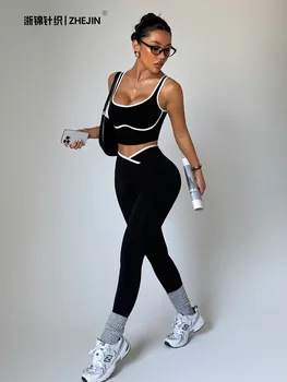 Seamless Yoga Set Women 2 Piece Gym Set Contrast Trim Crop Top Crossover V Waist Leggings Workout Outfits Fitness Sportswear Sui