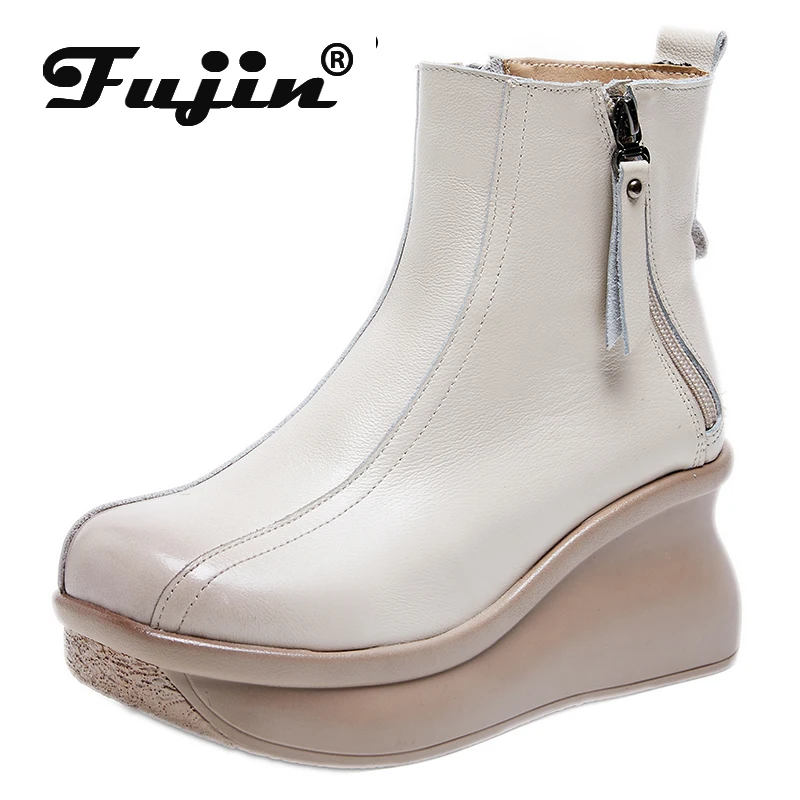 

Fujin 7CM Spring Winter 2024 Plush Warm Ankle Shoes New Genuine Leather Women Autumn Mid Calf Booties Motorcycles Fashion Boots