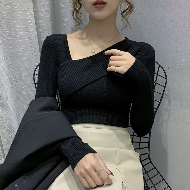 

Fall Winter Korean Clothes Knitted Sweater Chic Sexy Basic Asymmetrical Women's Pullover Elastic Long Sleeve Elastic Tops 1080