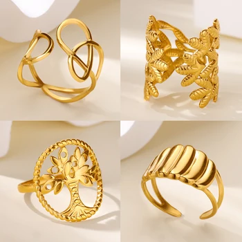 Gold Color Tree of Life Rings for Women Stainless Steel Irregular Geometric Open Ring Aesthetic Wedding Waterproof Jewelry Gift