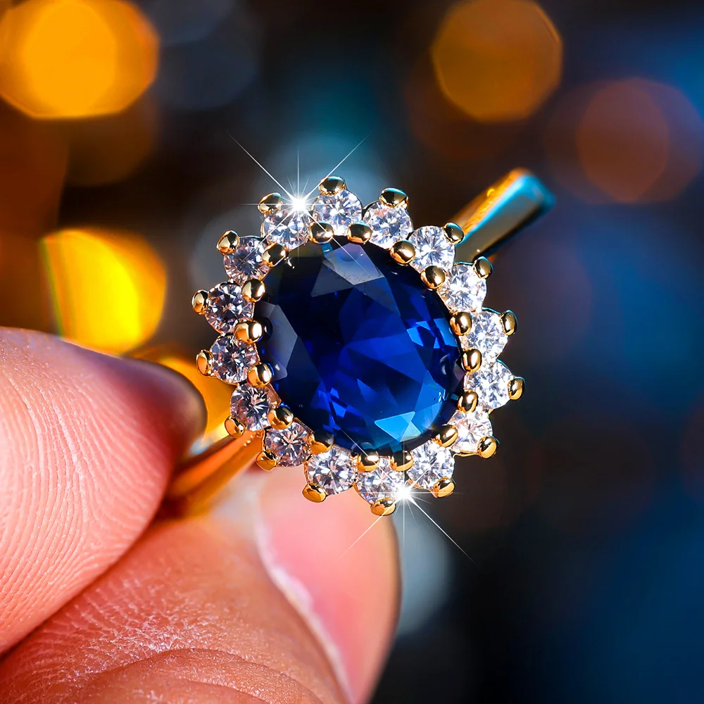 Female Luxury Crystal Blue Oval Zircon Stone Engagement Ring Vintage Yellow Gold Color Wedding Jewelry For Women
