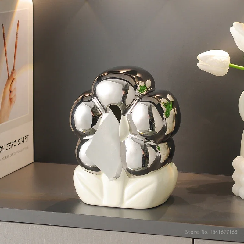 Ceramic Tissue Box Nordic Style Creative Beige Electroplated Silver Home Living Room Bedroom Bathroom Dining Table Decoration1Pc