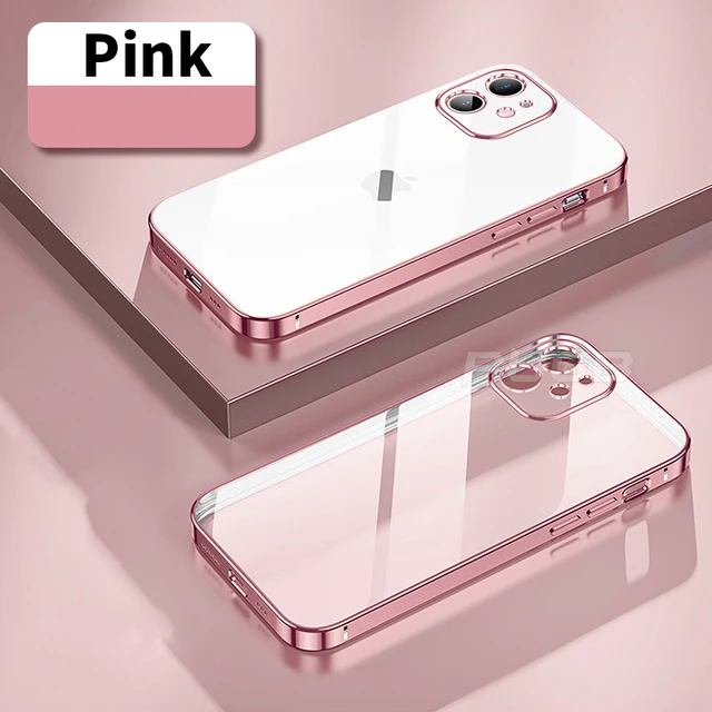 Luxury Soft Silicone Case for iPhone 13 12 11 Pro Max mini XR X XS Plating Square Frame Shockproof camera protect Clear TPU case Pink