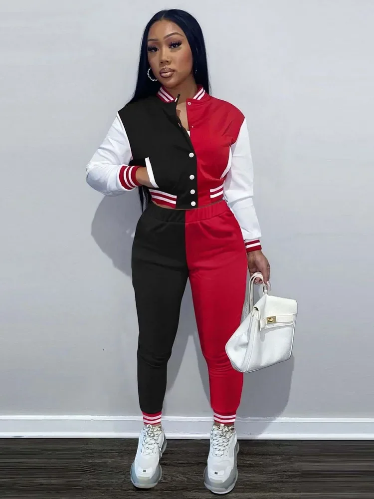 

Color Block Baseball Jacket Coat Sets For Women Single Breasted Banded Collar Varsity Jacket+Elastic Waist Trouser Matching Sets