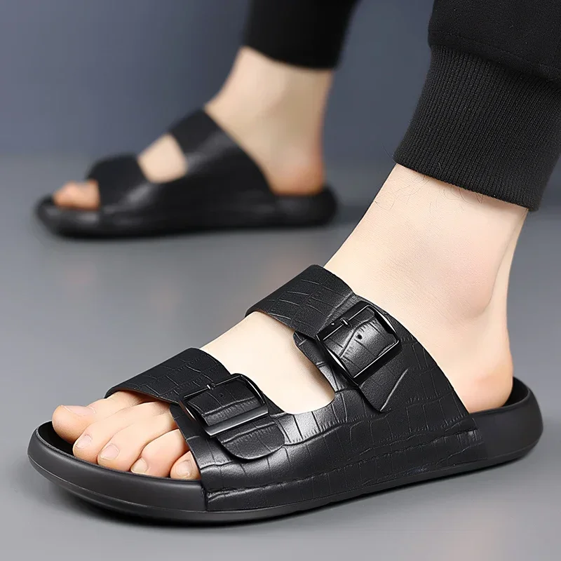 Summer Brand Sandals Open-toe Mens Leather Double Button Slippers