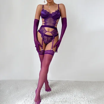 Lencería erótica púrpura completa para adultos, ropa Sexy, tangas de encaje, disfraz sexual, medias de fantasía, Babydoll 4