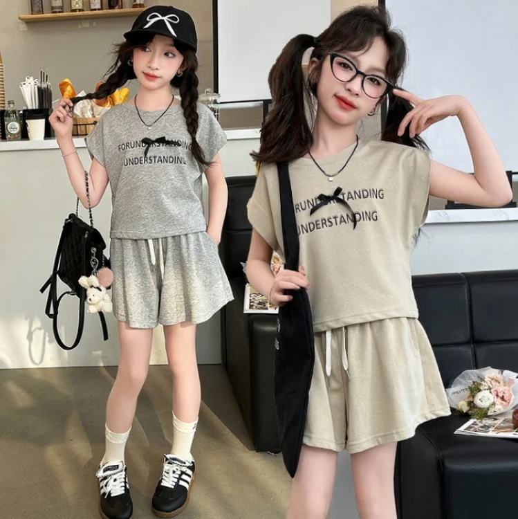 

New Baby Girls Summer Fashion Teenage Sets, Letter T-shirt +Shorts Princess Casual Suits 5-12T