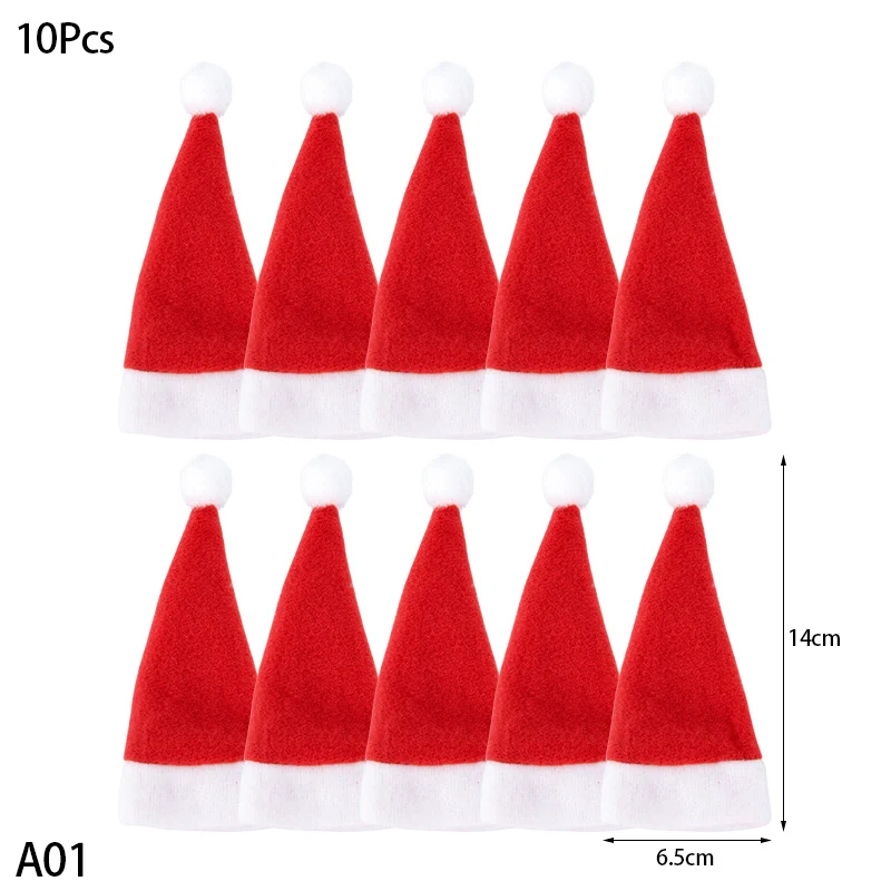 10pcs Mini Christmas Hat Merry Christmas Ornaments Non-woven Santa Hat Party Decoration Gift Wine Bottle Cutlery Cover