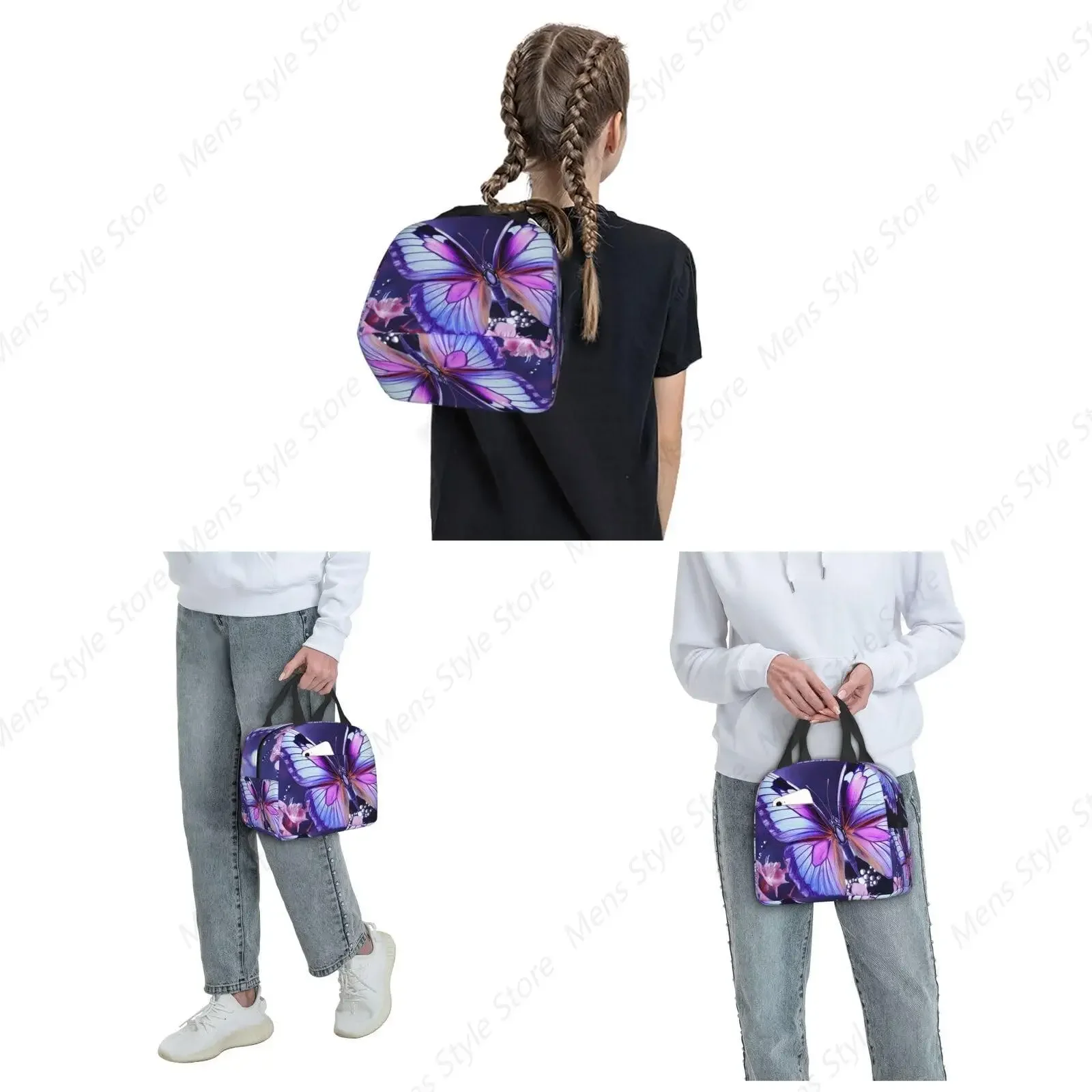 점심 가방 여성용 절연 도시락 상자 남성용 재사용 가능한 쿨러 가방 직장 피크닉을위한 보라색 나비 점심 토트 백