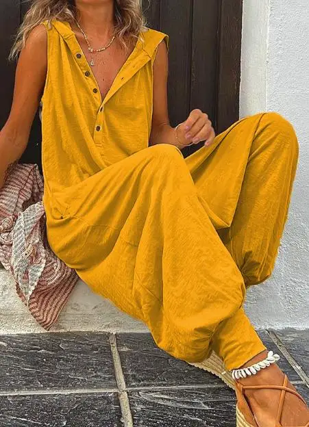 

Jumpsuits Woman 2023 Summer Fashion Button Hooded Sleeveless Pants Jumpsuit Trousers Women's Overalls New Streetwear Clothing