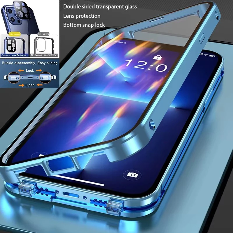 360° Full Protection Magnetic Double-Sided Glass Phone Case with Snap Lock and Metal Bumper Cover