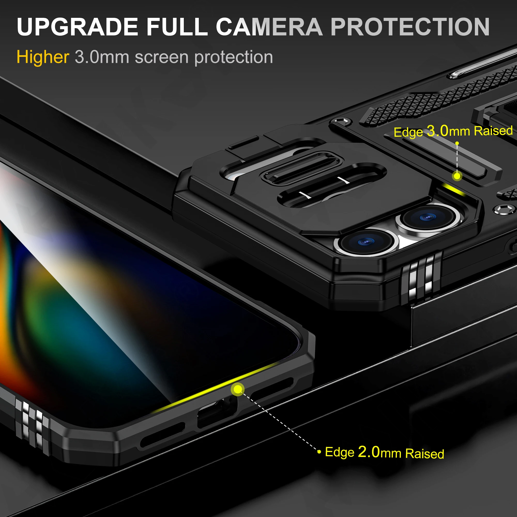 Enhanced Armor Ring Stand Kickstand Case with Slide Camera Cover and Anti-Fall Protection