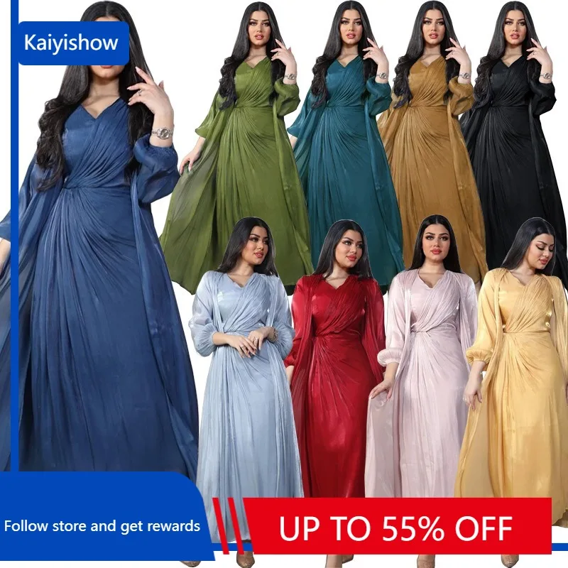 

Платье Abaya женское длинное из полиэстера, модное мусульманское платье с длинным рукавом и V-образным вырезом, розовое Красное Желтое черное, лето-осень
