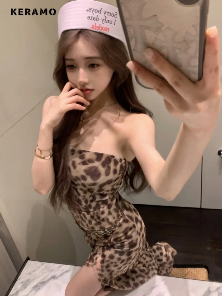 

Women Retro Sexy Strapless Off Shoulder Leopard Print Sheath Dresses 2024 Summer Vintage High Waist Hotsweet Slim Fit Slit Dress