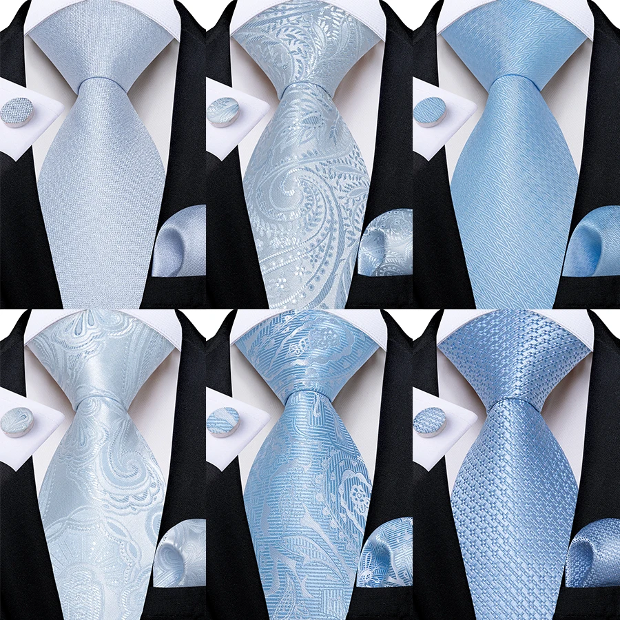 Light Blue Men's Paisley Floral Tie Set with Handkerchief and Cufflinks - Formal Wedding Party Accessories Gift