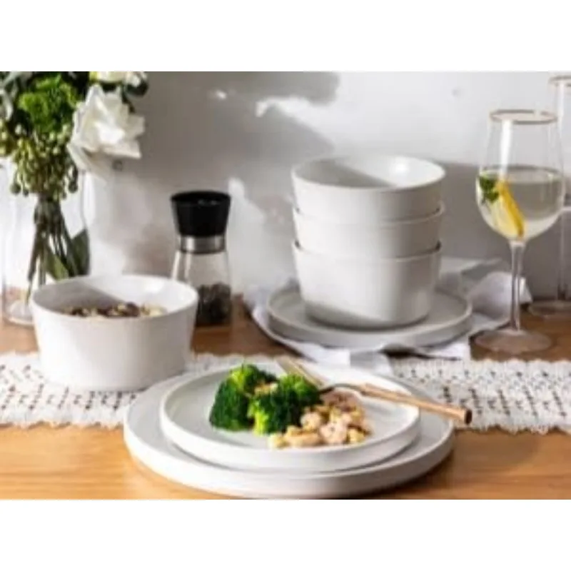 Ceramic Dinnerware Sets of 4, Modern Flat Stoneware Plates and Bowls Sets