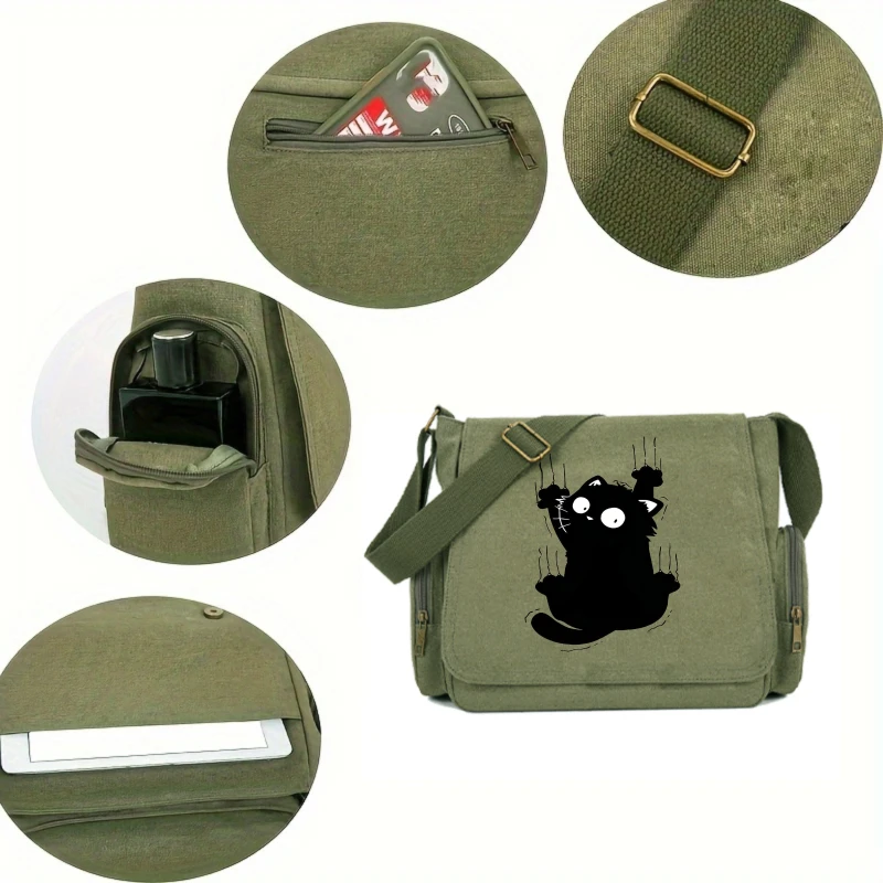 Funny Cat Print Women's Shoulder Bag Canvas Large Crossbody Bag For Women Multiple Pockets Retro Messenger Bag Commuting