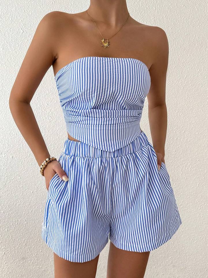 Blue And White Striped Ruffle Waist Crop Top And Wide Leg Pants Two-Piece Set Casual Elastic Waist Shorts Outfit
