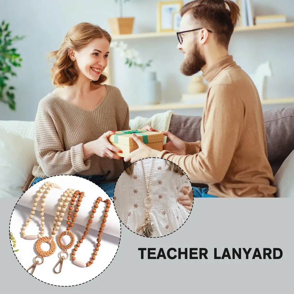 

Ремешок для ключей из ротанга с деревянными бусинами, брелок для работы, идентификационный значок, ожерелье для медсестер, учителя, отличный подарок, ремешок с застежкой и бусинами Q8Q9