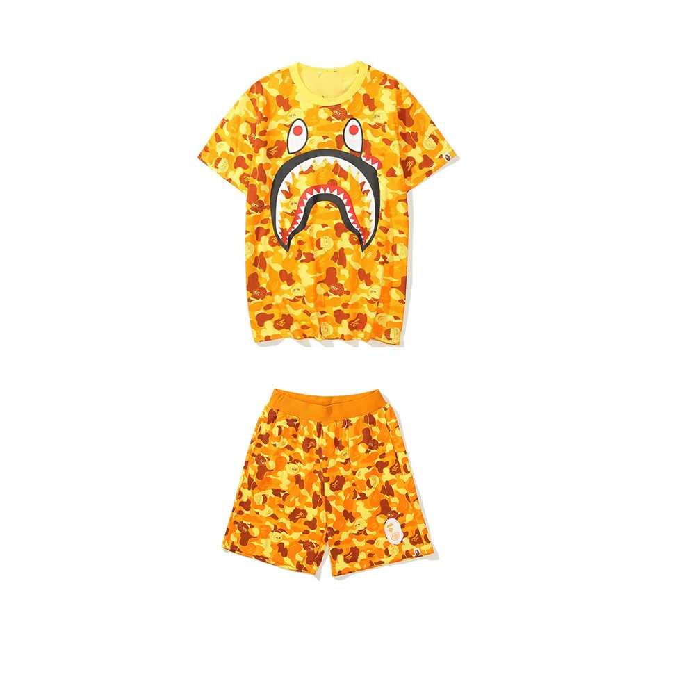 Summer new Bapes Shark Short Sleeve Shorts 2-piece 3D digital printed fashion trend T-shirt set for men and women Youth Sports