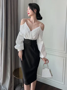 2022 Spring Elegant Office Dresses Women Sexy V-Neck Off-Shoulder Lantern Sleeve Belt Midi Club Robe Female Dress Slit Outfits