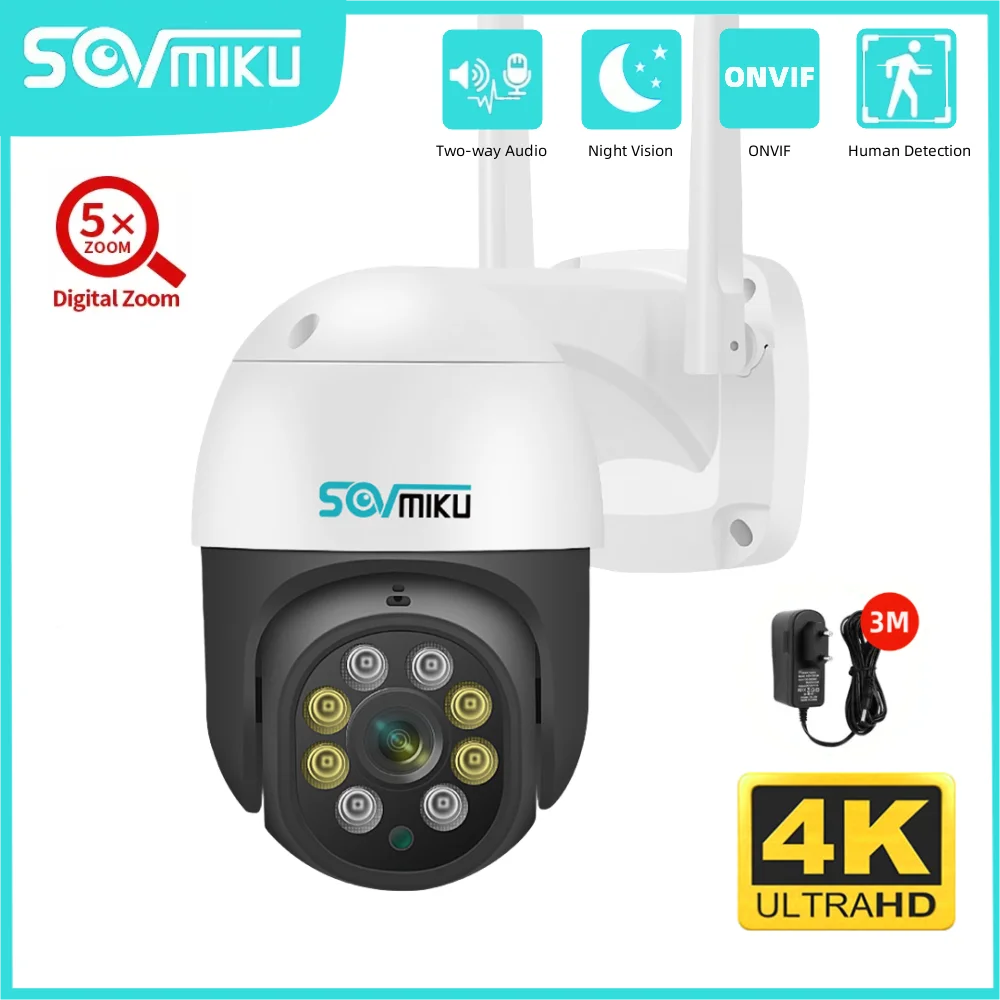 SOVMIKU 8MP 4K PTZ WiFi Surveillance Camera 5X Zoom Night Vision ONVIF Auto Tracking Outdoor CCTV IP Camera Security Protection