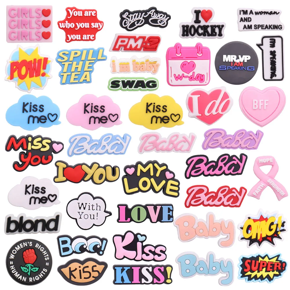 

1Pcs PVC Baby My Love Kiss Me Omg English Phrases Kids Croc Buckle Clog Miss You Shoe Charms Accessories Fit Bracelt Jibz