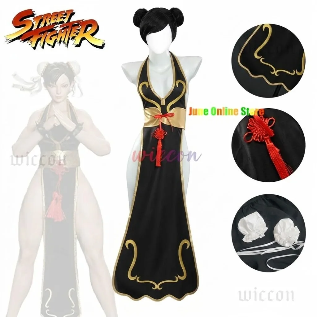 Chun Li Game Street Cosplay Costume Black Battle Dress Fighter Chinese Style Cheongsam Woman Adult Wig Blue Halloween Party