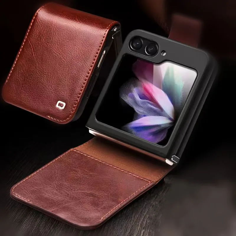 

Original QIALINO Vintage Genuine Leather Flip Case for Samsung Galaxy Z Flip 5 Flip5 Retro Luxury Card Slot Pocket Wallet Cover