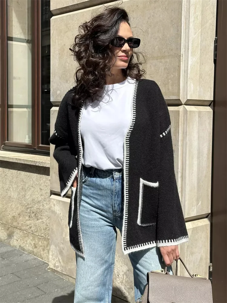 Knit Contrast Cardigan Sweater For Women Lace-Up Pocket Long Sleeve Patchwork Loose Coat Autumn Knitwear Women's Outwear